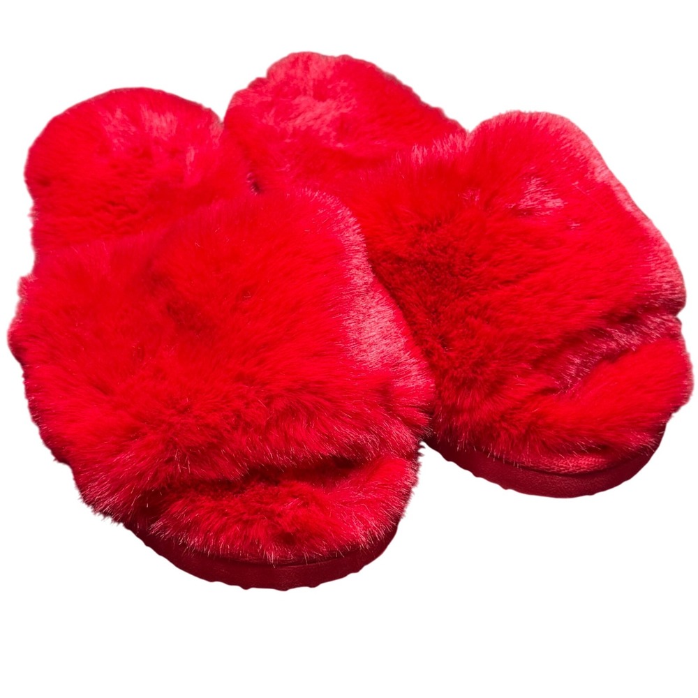 INC International Concepts Faux Fur Slides Fluffy Open Toe‎ Slippers Red 6M